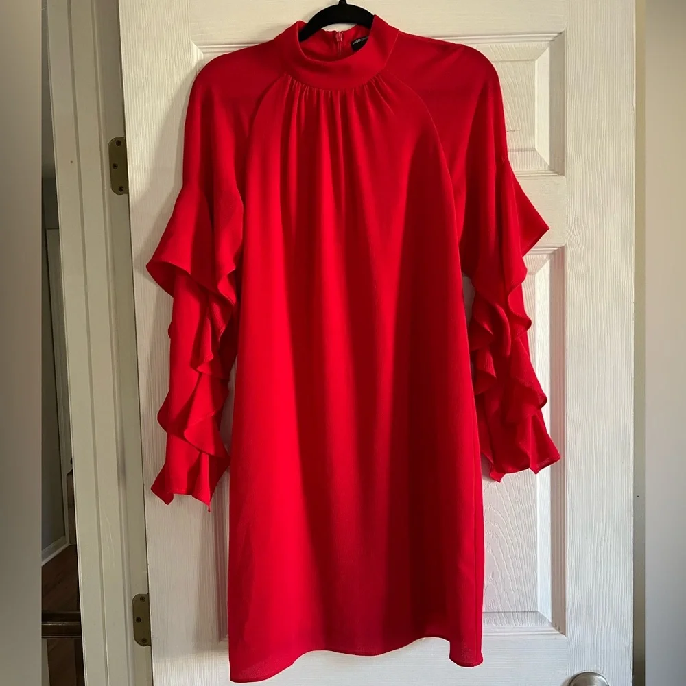 Maggy London Dress Red Long Sleeve Ruffle 2 - Picture 3 of 5